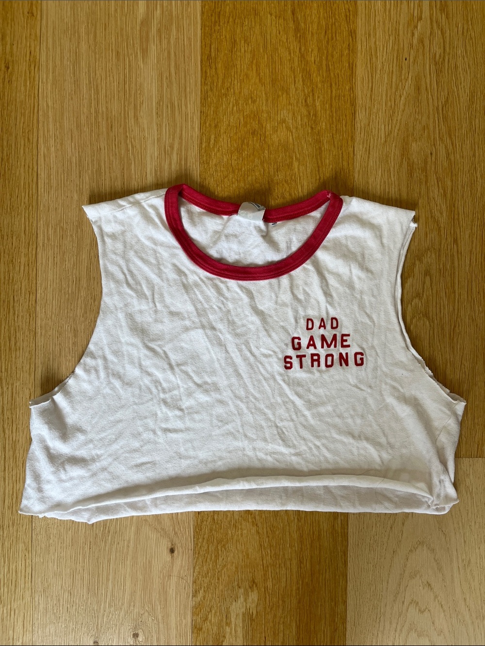 White Crop Tank with Red Trim — "Dad Game Strong"